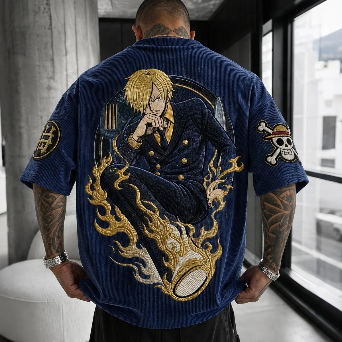 One Piece Unisex Anime-Style Retro Corduroy Oversized T-Shirt