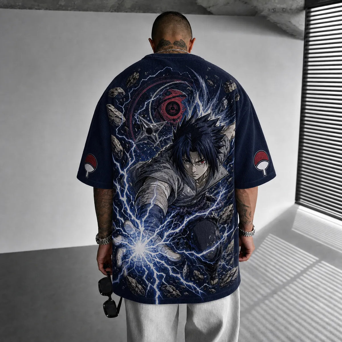 NINDO Unisex Oversized Anime-Print Vertical-Stripe Short-Sleeve T-Shirt