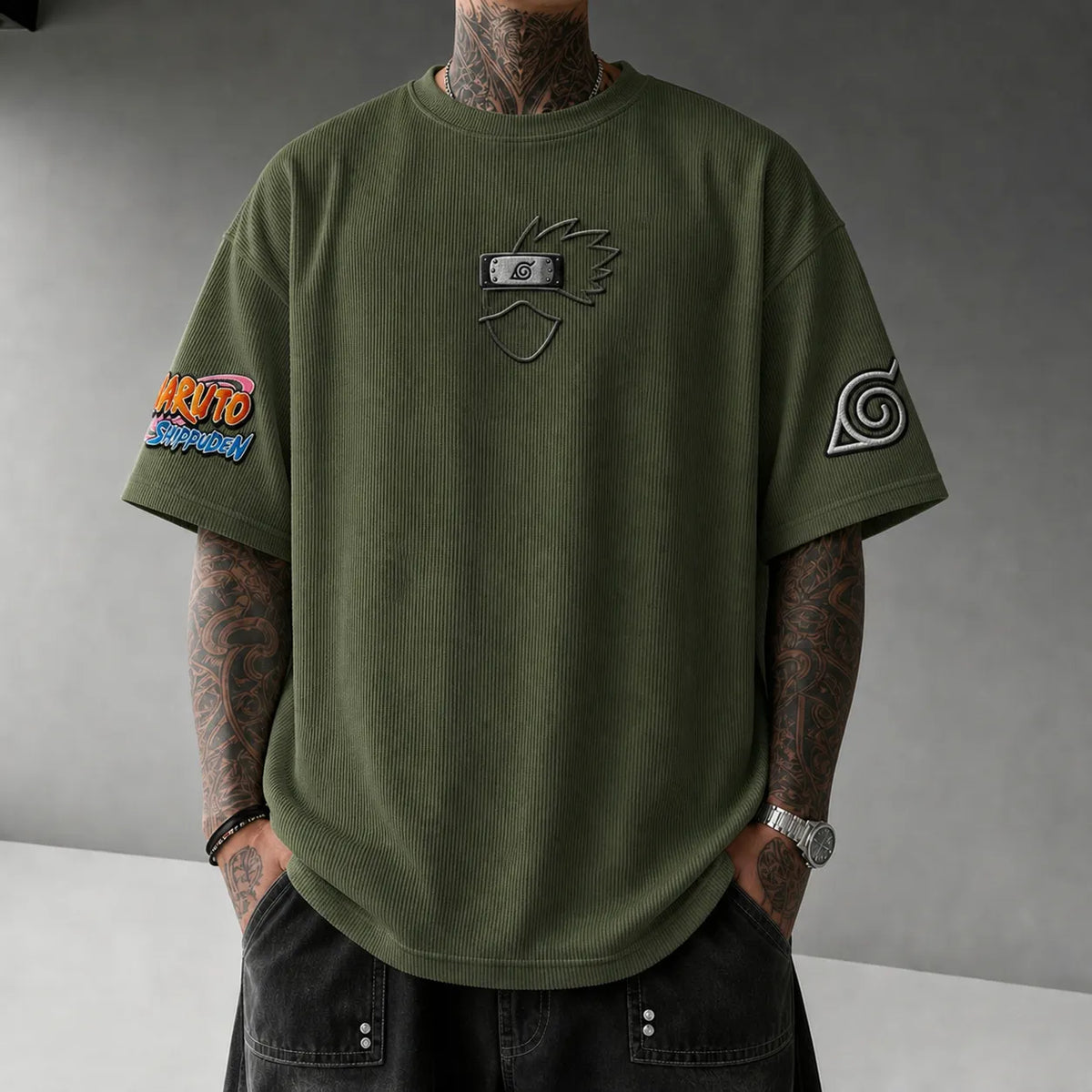 NINDO Unisex Anime-Style Retro Corduroy Oversized T-Shirt