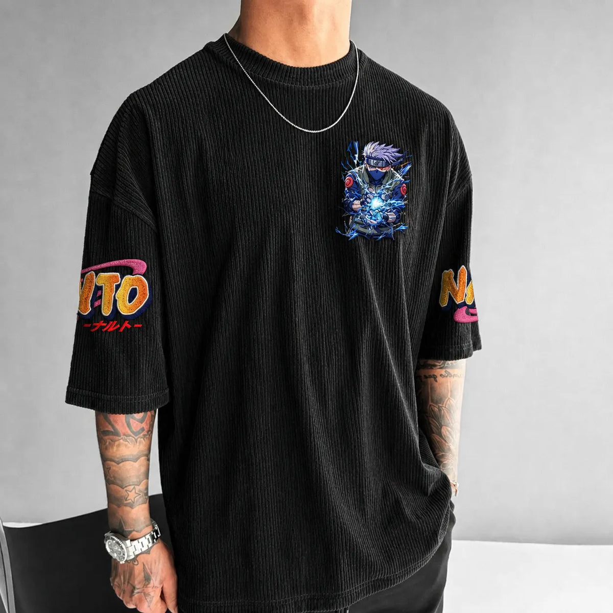 NINDO Unisex Anime-Style Retro Corduroy Oversized T-Shirt