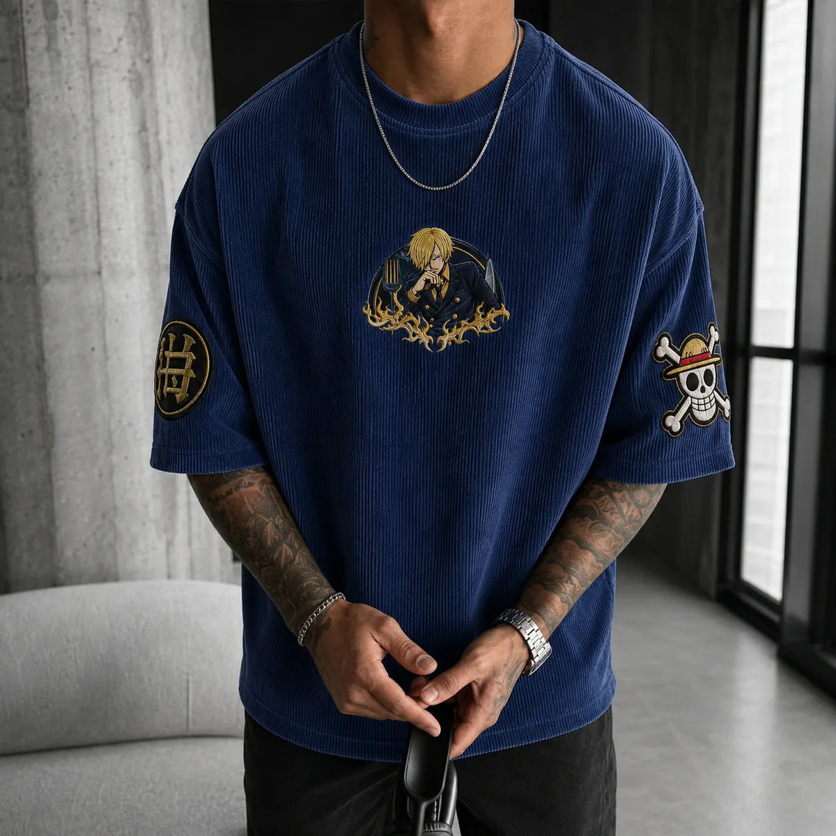 One Piece Unisex Anime-Style Retro Corduroy Oversized T-Shirt