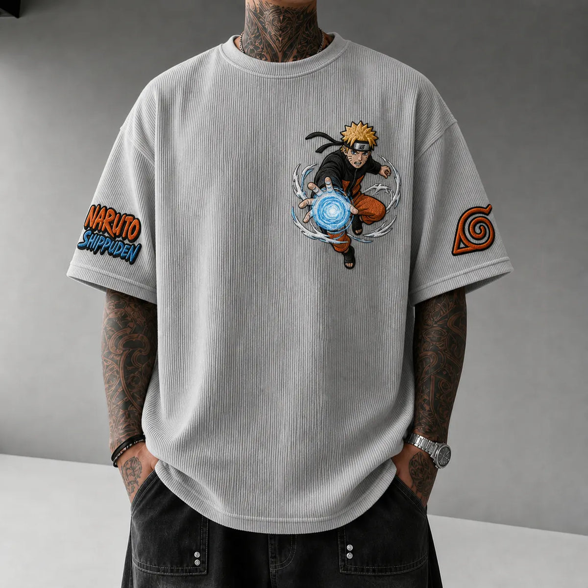 NINDO Unisex Anime-Style Retro Corduroy Oversized T-Shirt