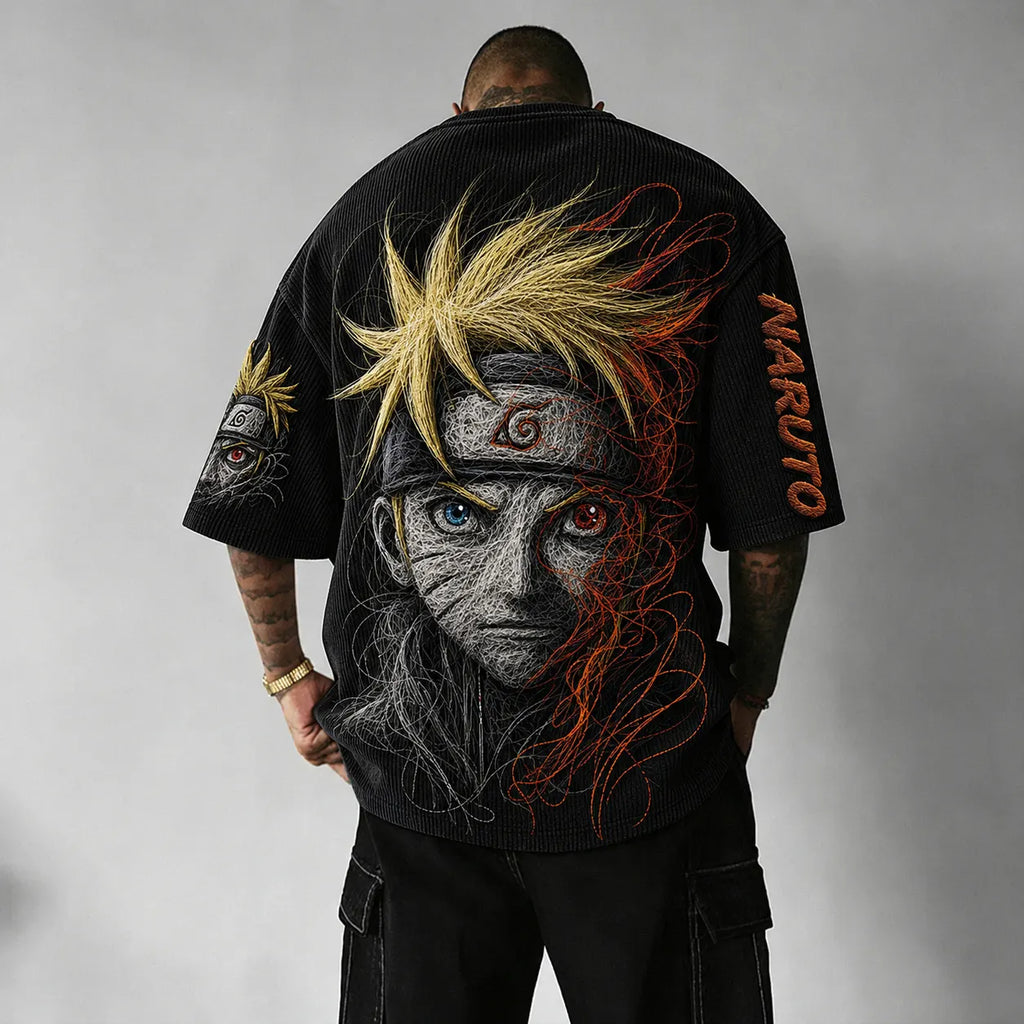 NINDO Unisex Anime-Style Retro Corduroy Oversized T-Shirt