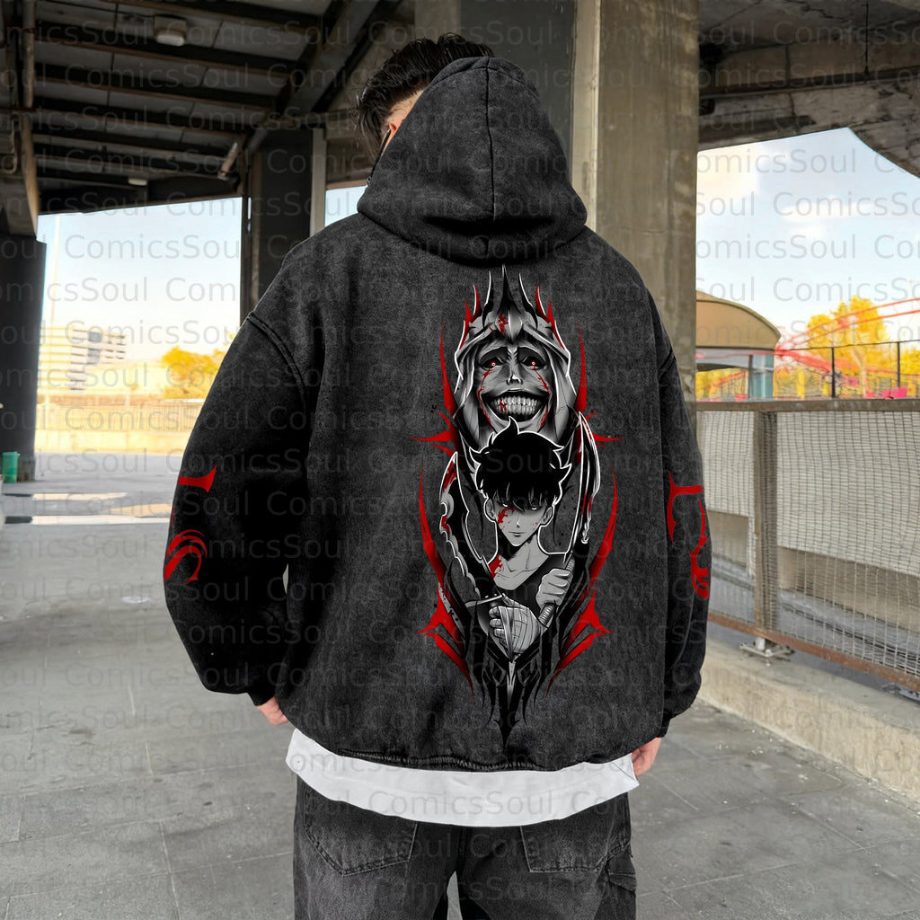 SL-Unisex Anime Graphic Streetwear Vintage Washed Hoodie