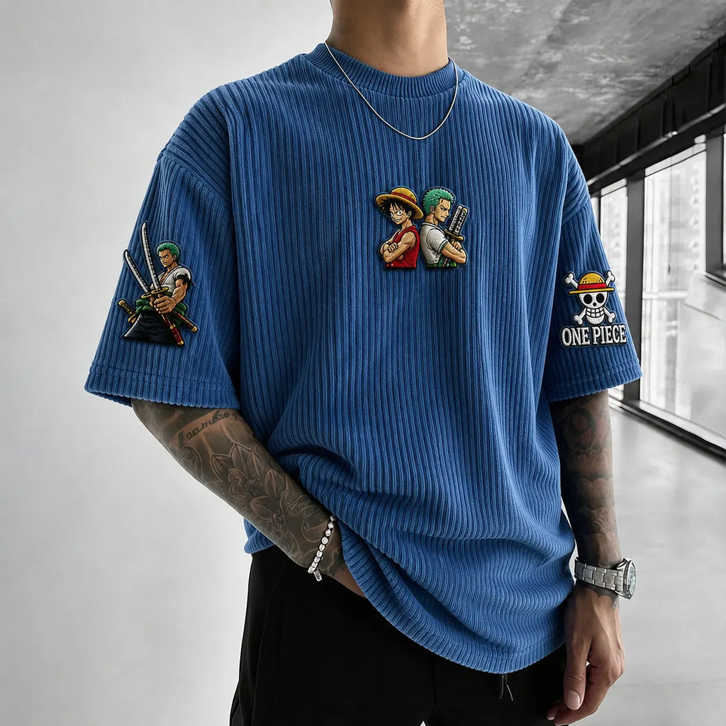 One Piece Unisex Anime-Style Retro Corduroy Oversized T-Shirt