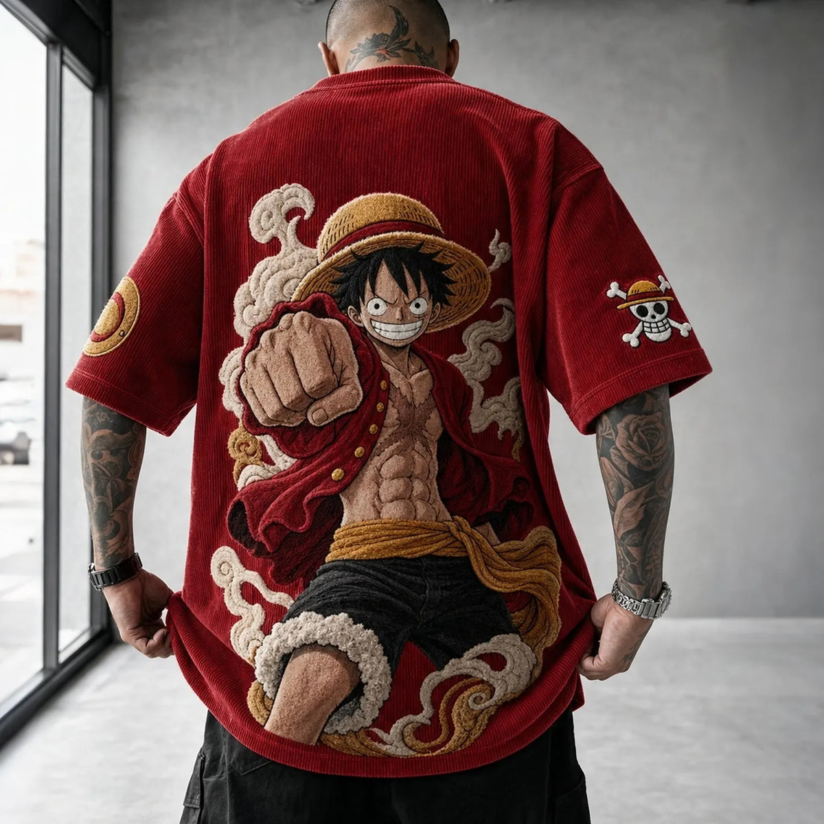One Piece Unisex Anime-Style Retro Corduroy Oversized T-Shirt