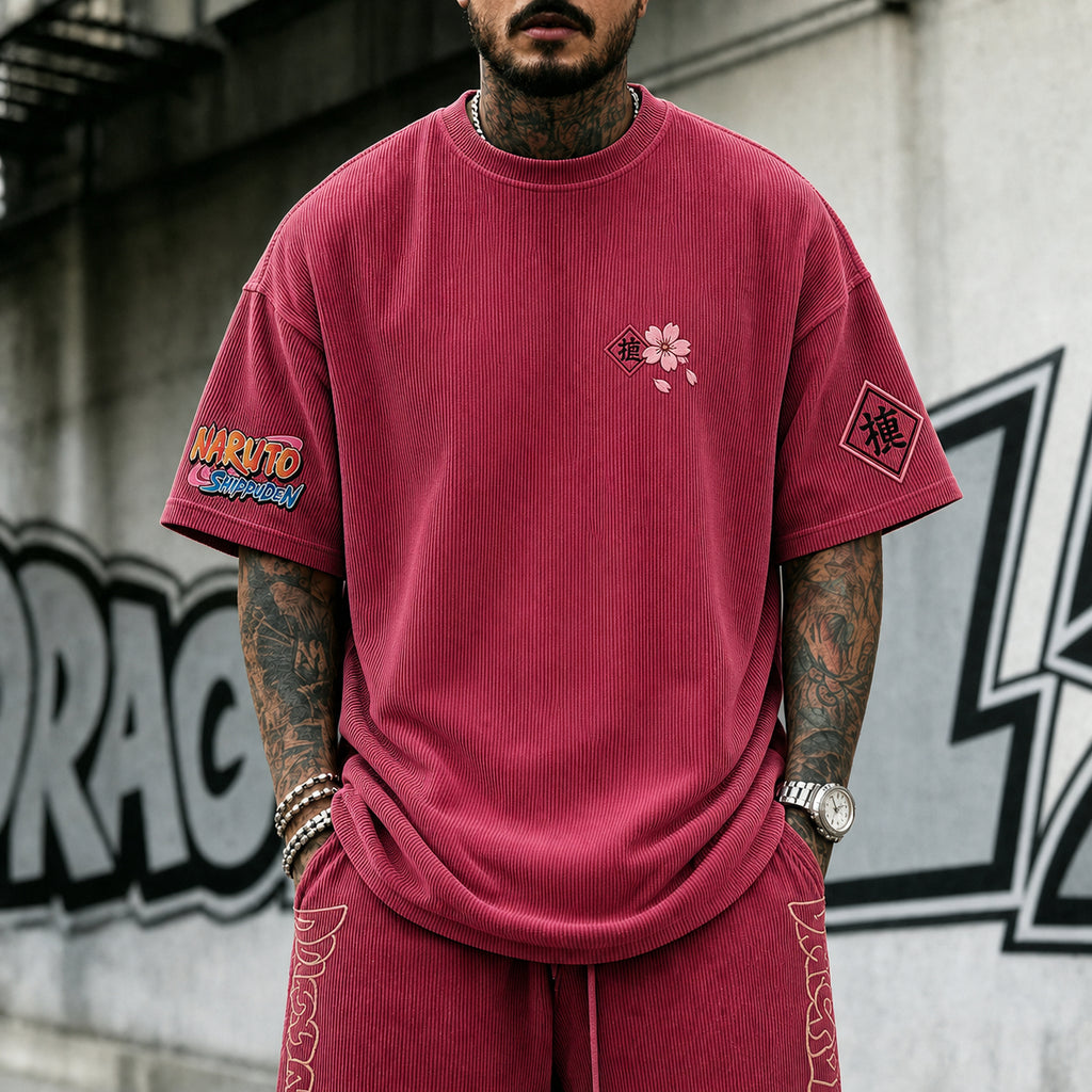 NINDO Unisex Anime-Style Retro Corduroy Oversized T-Shirt