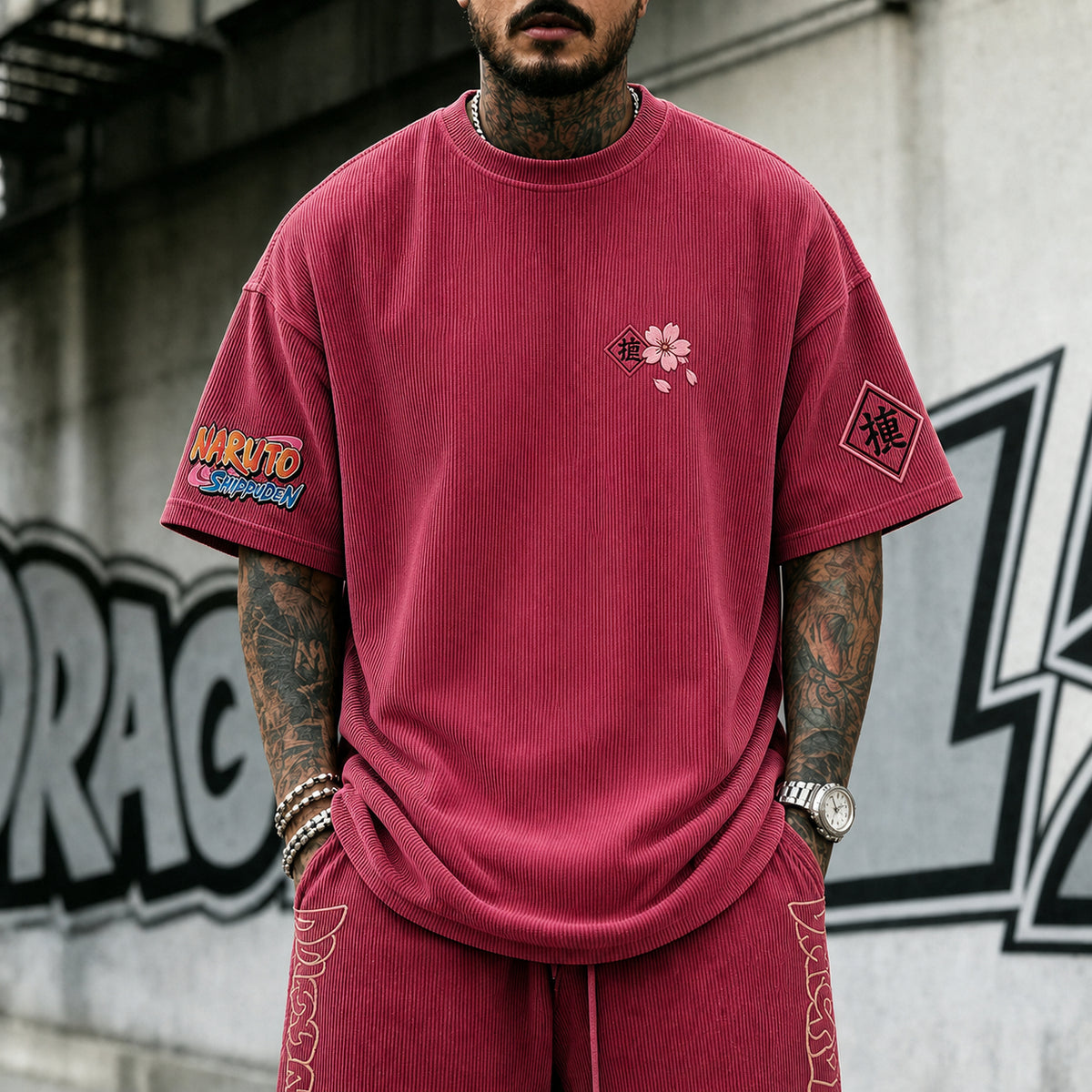 NINDO Unisex Anime-Style Retro Corduroy Oversized T-Shirt