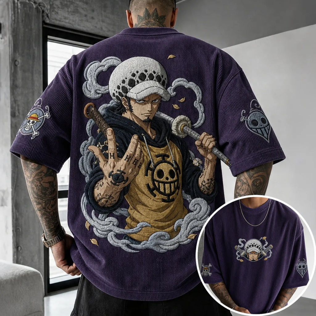 One Piece Unisex Anime-Style Retro Corduroy Oversized T-Shirt