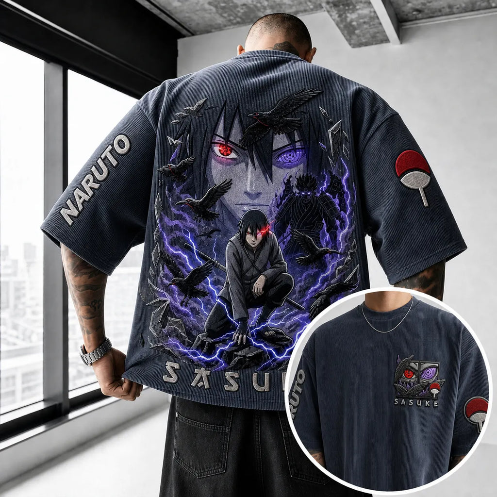 NINDO Unisex Anime-Style Retro Corduroy Oversized T-Shirt