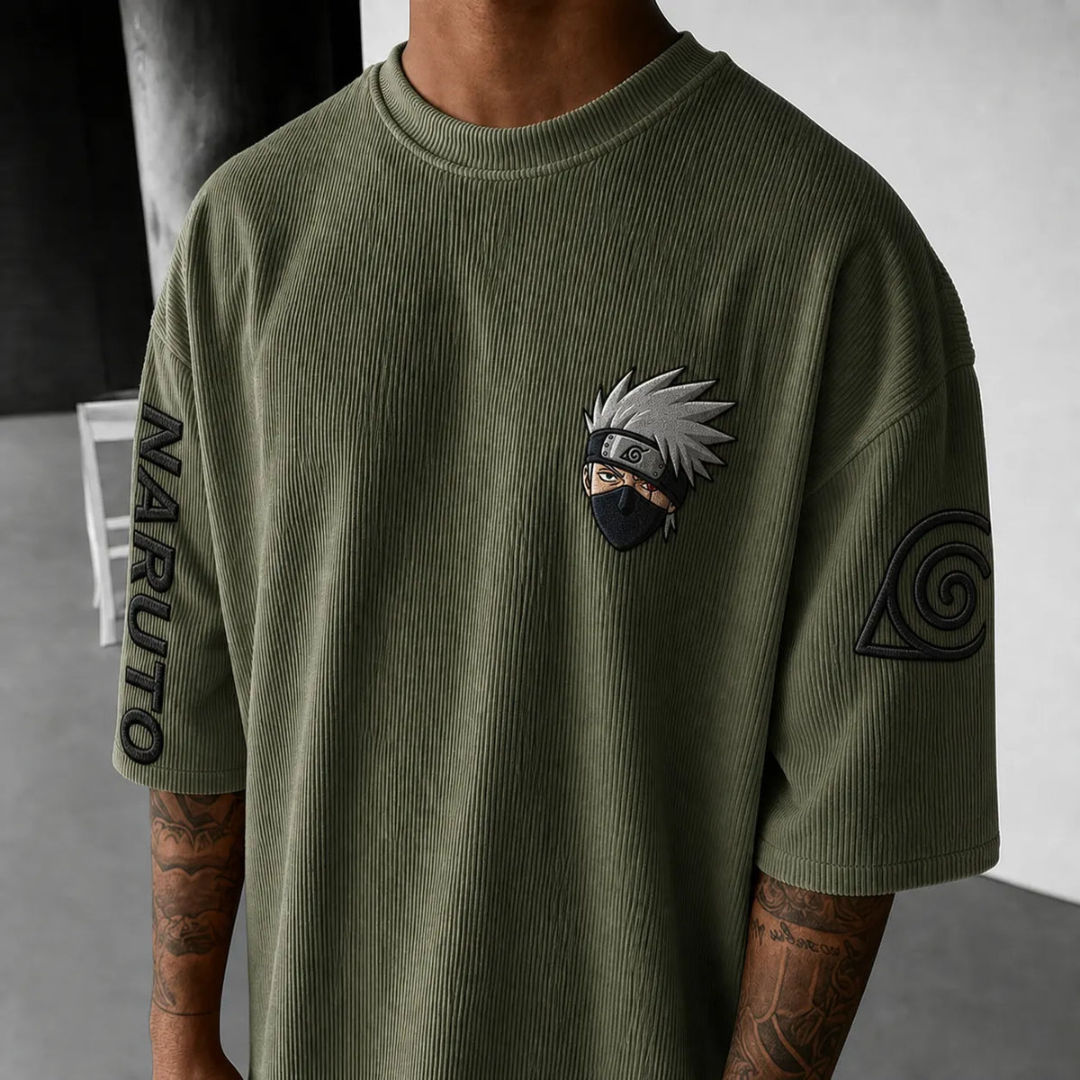 NINDO Unisex Anime-Style Retro Corduroy Oversized T-Shirt