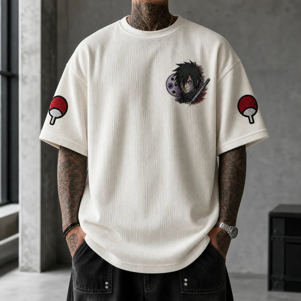 NINDO Unisex Oversized Anime-Print Vertical-Stripe Short-Sleeve T-Shirt