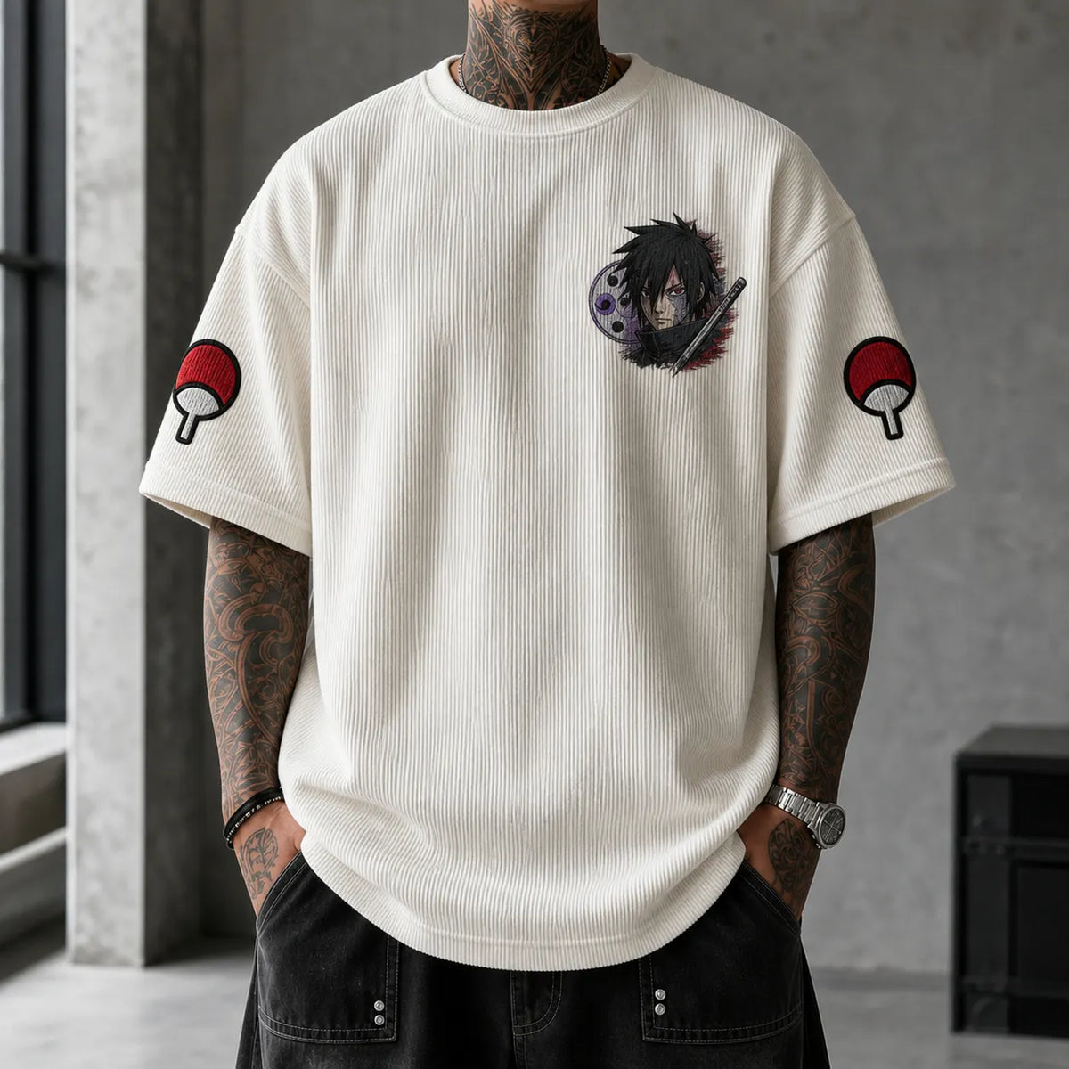 NINDO Unisex Oversized Anime-Print Vertical-Stripe Short-Sleeve T-Shirt
