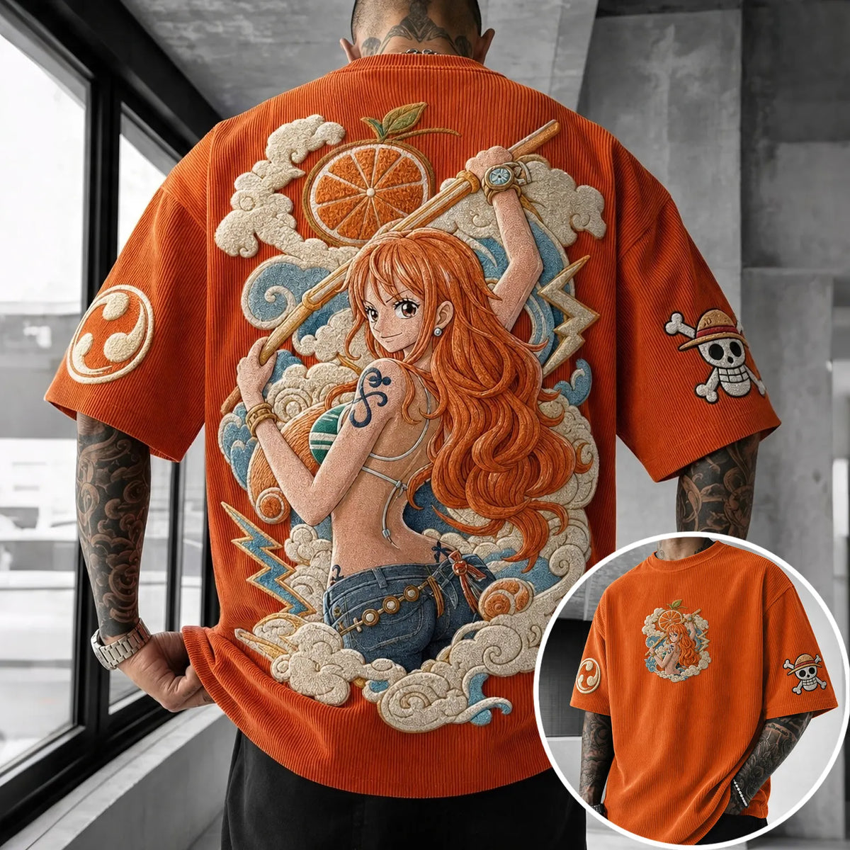 One Piece Unisex Anime-Style Retro Corduroy Oversized T-Shirt