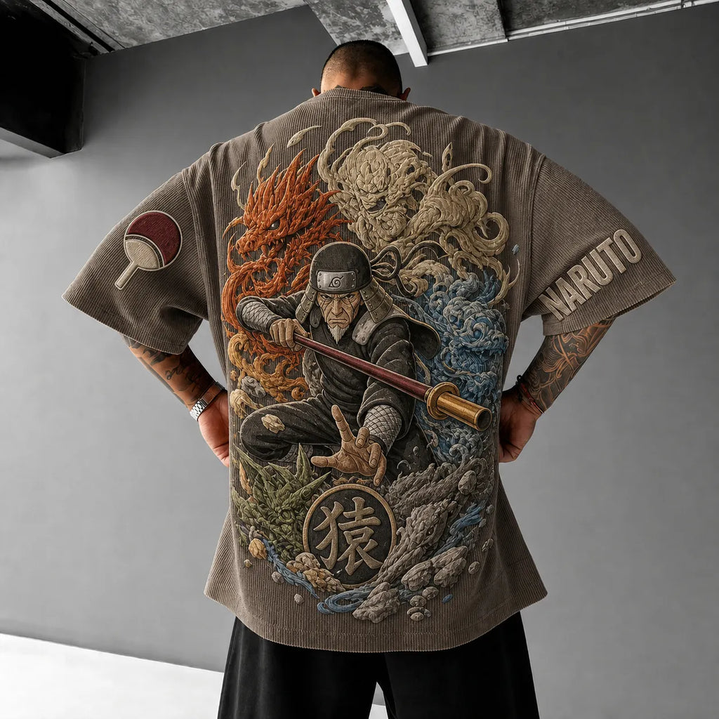 NINDO Unisex Anime-Style Retro Corduroy Oversized T-Shirt