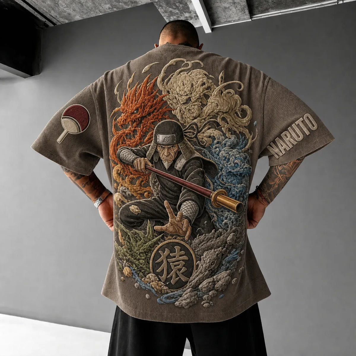 NINDO Unisex Anime-Style Retro Corduroy Oversized T-Shirt