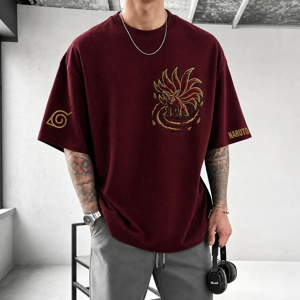 NINDO Unisex Anime-Style Retro Corduroy Oversized T-Shirt
