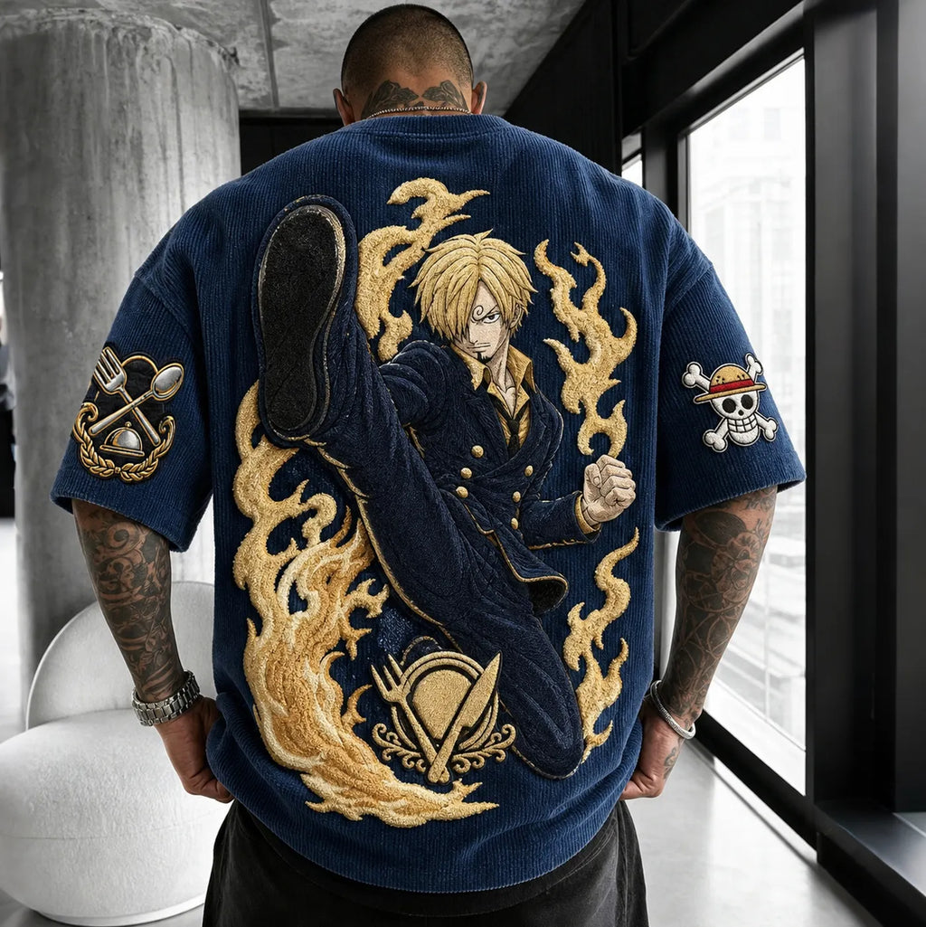 One Piece Unisex Anime-Style Retro Corduroy Oversized T-Shirt