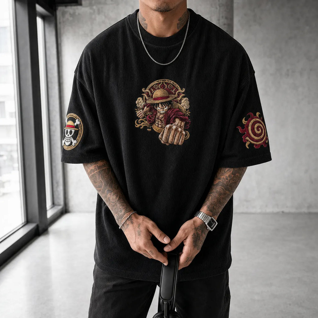 One Piece Unisex Anime-Style Retro Corduroy Oversized T-Shirt