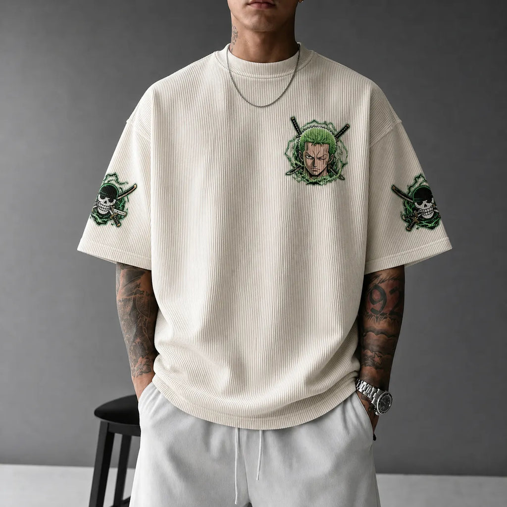 One Piece Unisex Oversized Anime-Print Vertical-Stripe Short-Sleeve T-Shirt