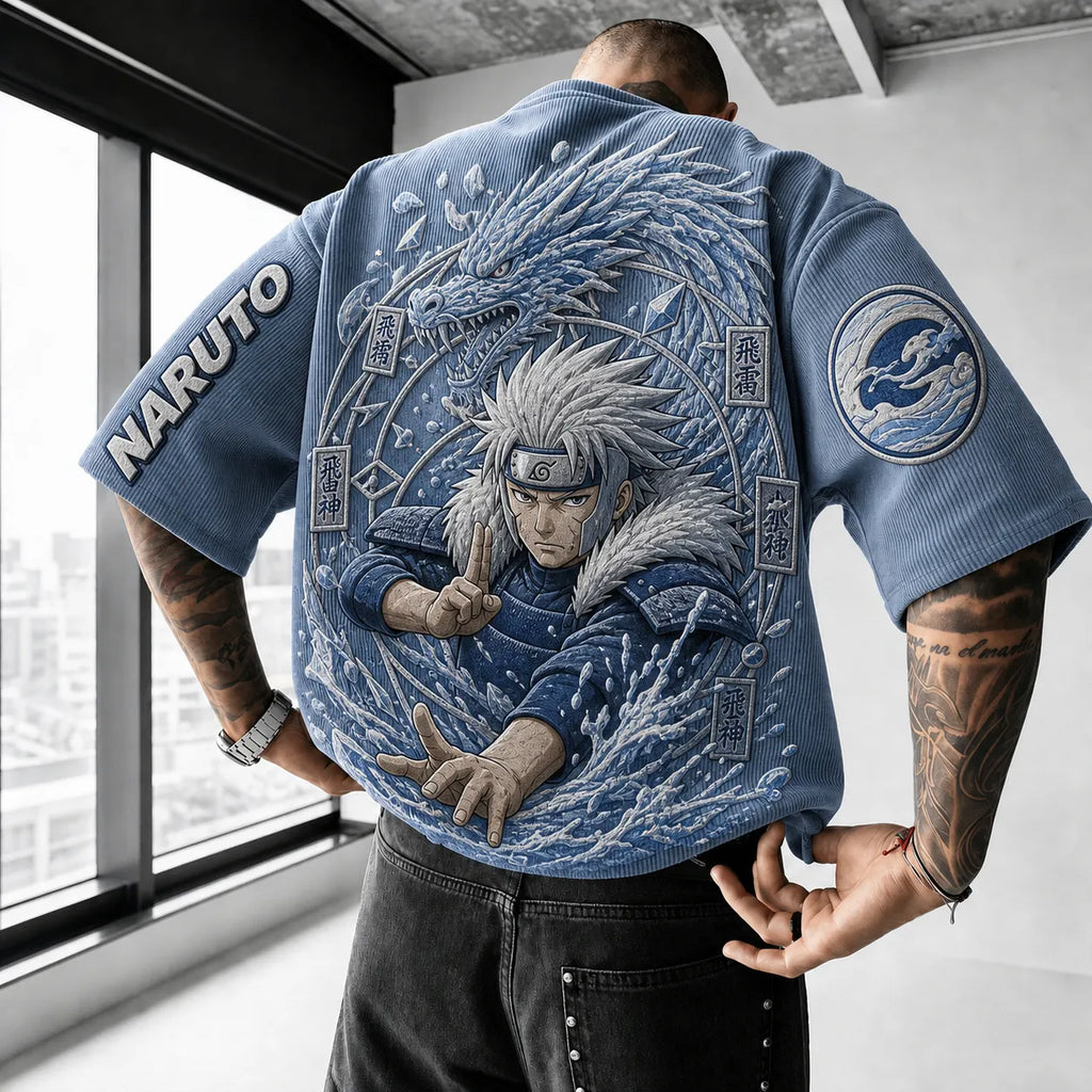 NINDO Unisex Anime-Style Retro Corduroy Oversized T-Shirt