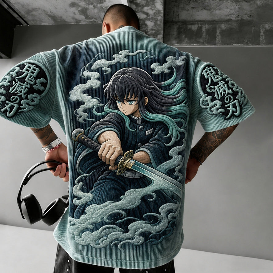 KNY Unisex Oversized Anime-Print Vertical-Stripe Short-Sleeve T-Shirt