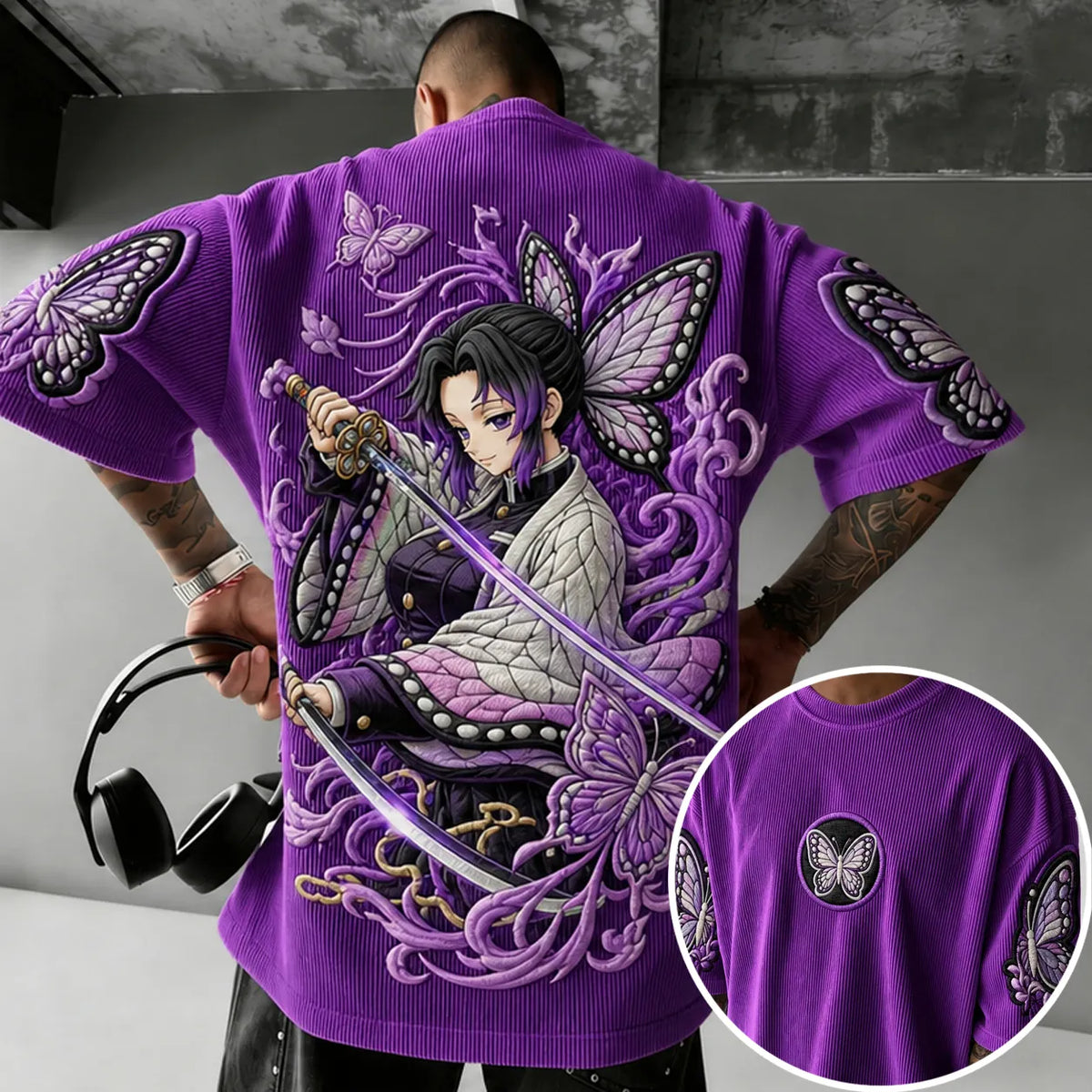 KNY Unisex Anime-Style Retro Corduroy Oversized T-Shirt