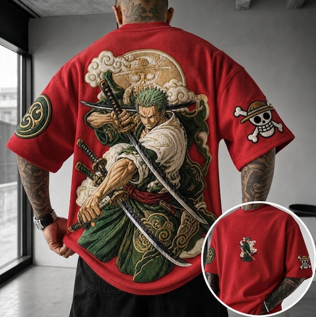 One Piece Unisex Anime-Style Retro Corduroy Oversized T-Shirt
