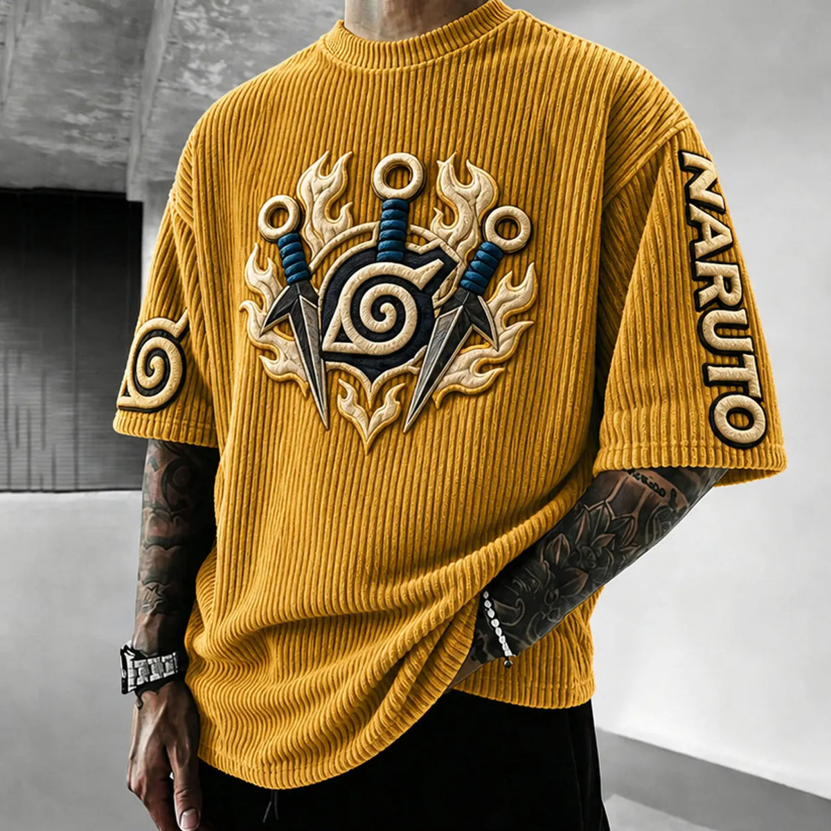NINDO Unisex Anime-Style Retro Corduroy Oversized T-Shirt