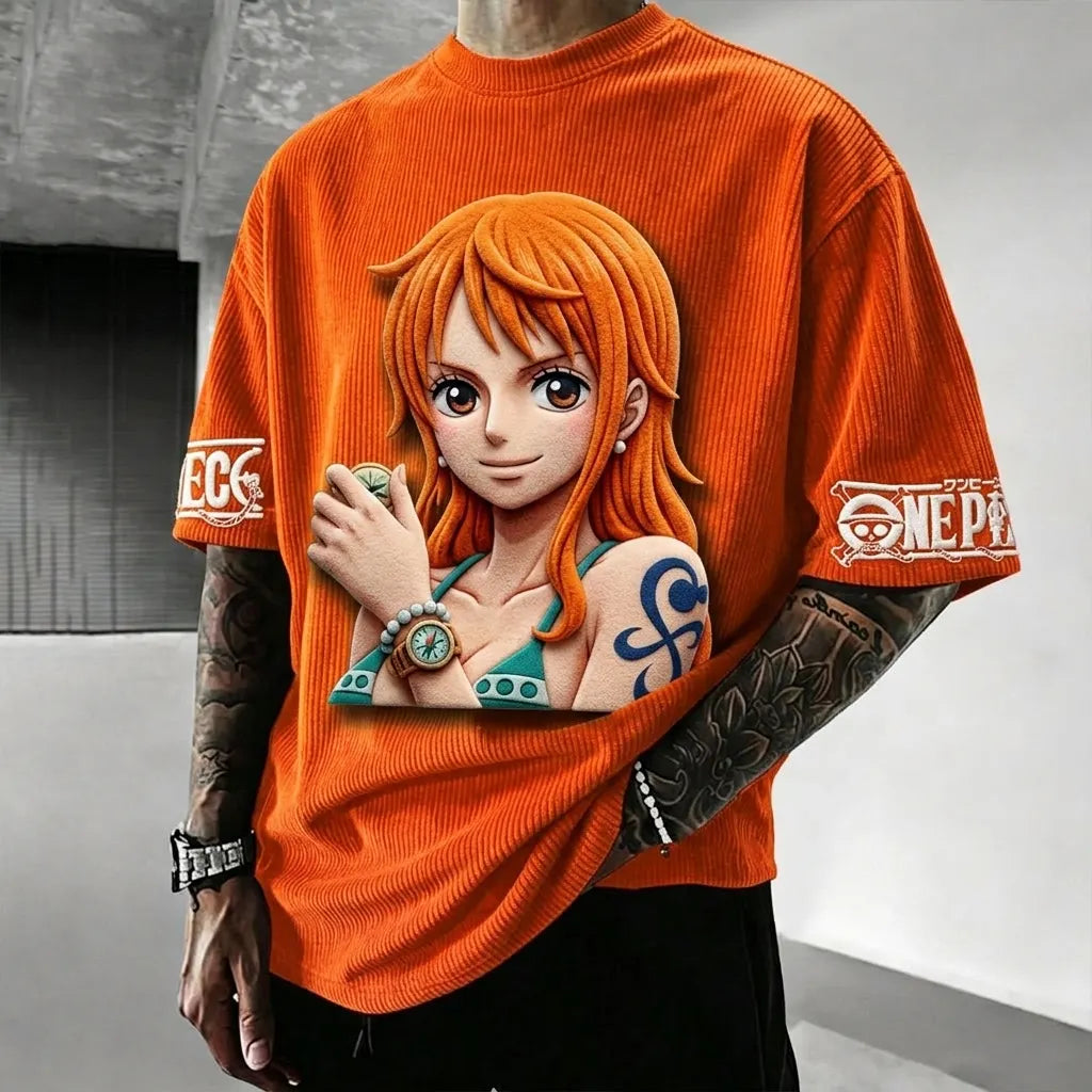 One Piece Unisex Anime-Style Retro Corduroy Oversized T-Shirt