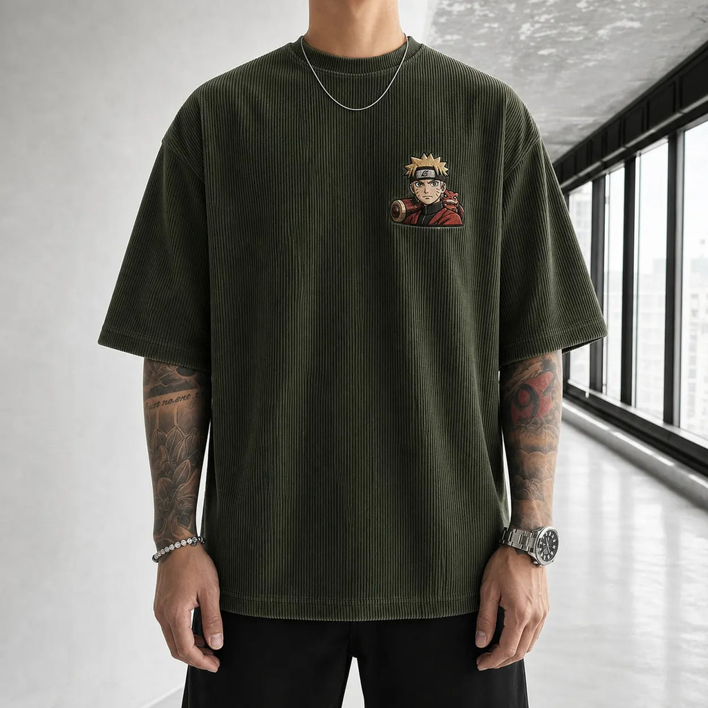 NINDO Unisex Oversized Anime-Print Vertical-Stripe Short-Sleeve T-Shirt