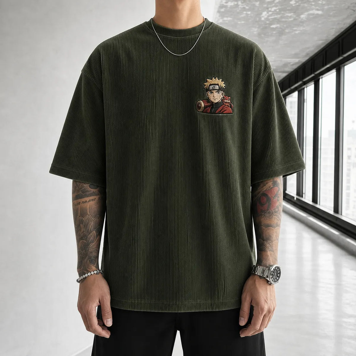 NINDO Unisex Oversized Anime-Print Vertical-Stripe Short-Sleeve T-Shirt