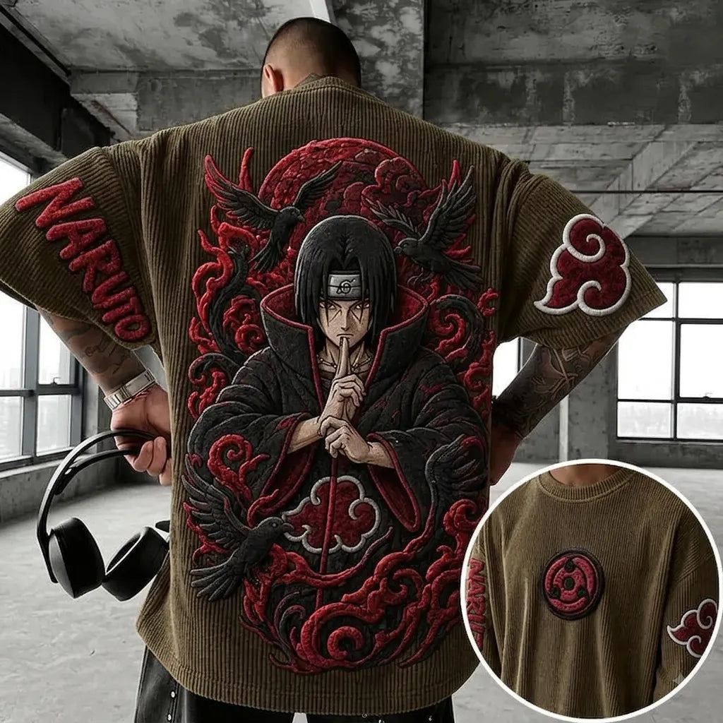 NINDO Unisex Anime-Style Retro Corduroy Oversized T-Shirt