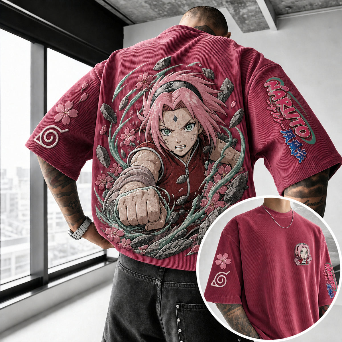 NINDO Unisex Anime-Style Retro Corduroy Oversized T-Shirt