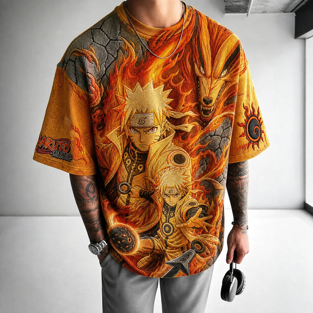 NINDO Unisex Oversized Anime-Print Vertical-Stripe Short-Sleeve T-Shirt