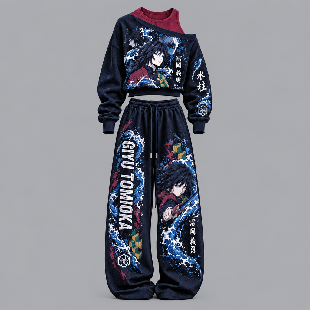 Demon Slayer-Women's Asymmetric Off-Shoulder Cut-Out Sweatshirt & Wide-Leg Sweatpants 2-Piece Set