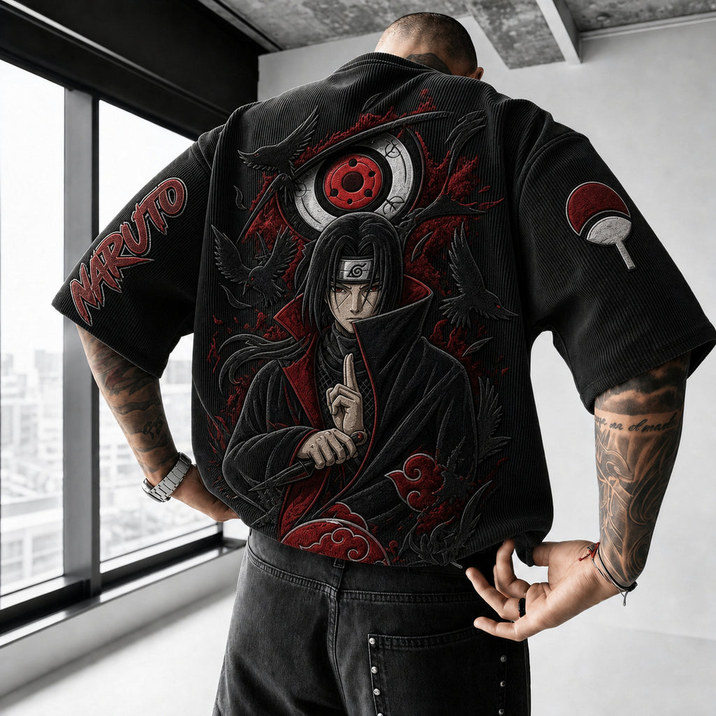 NINDO Unisex Anime-Style Retro Corduroy Oversized T-Shirt