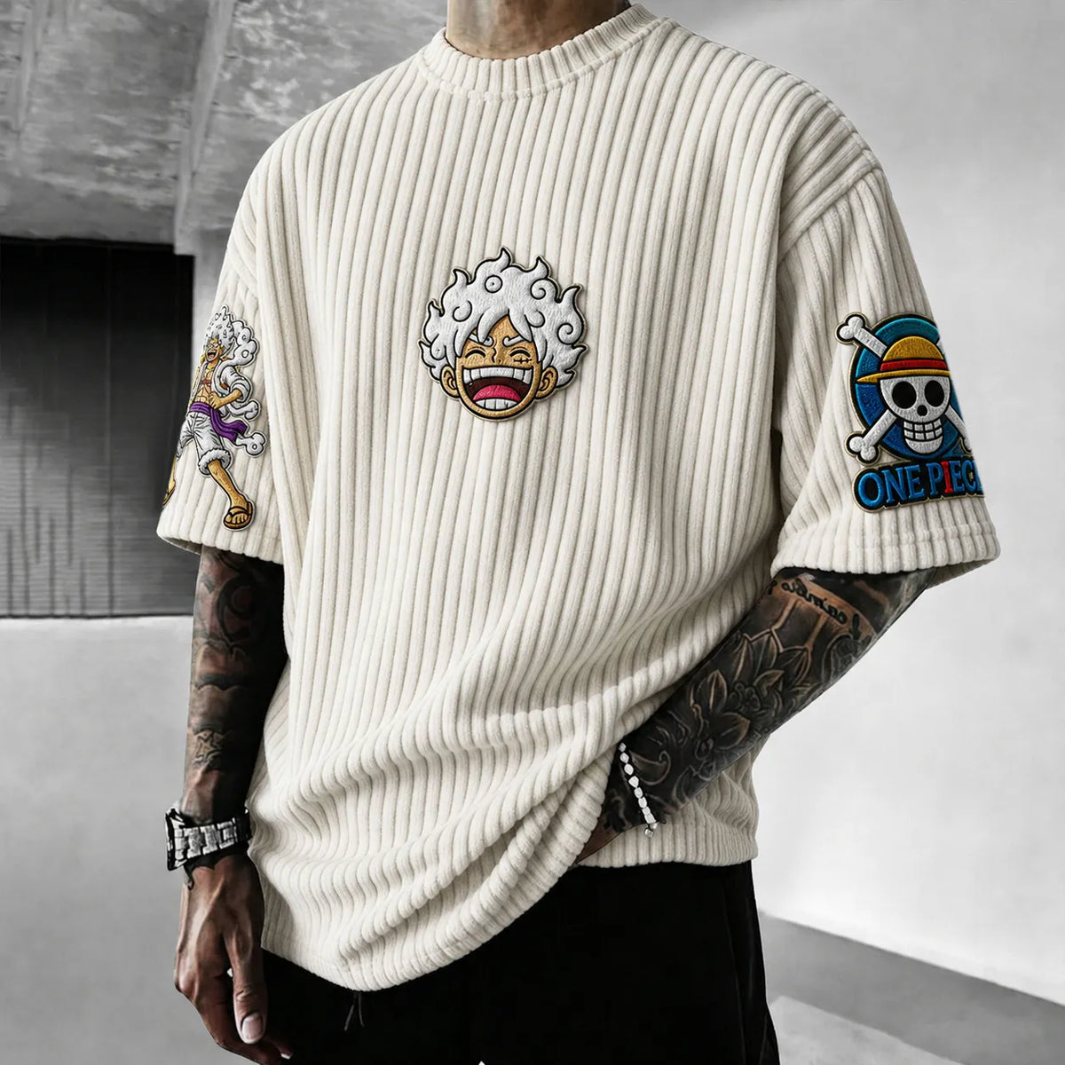 One Piece Unisex Anime-Style Retro Corduroy Oversized T-Shirt