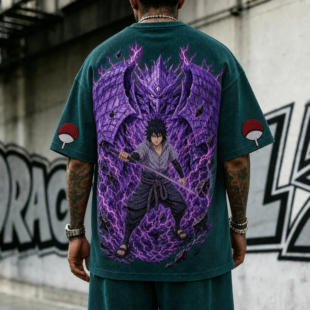 NINDO Unisex Oversized Anime-Print Vertical-Stripe Short-Sleeve T-Shirt