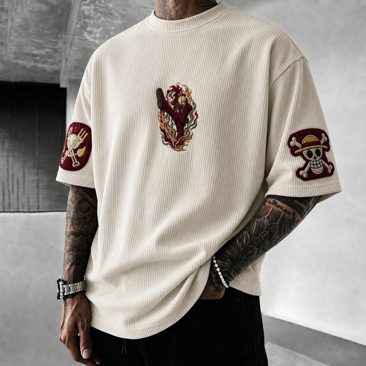 One Piece Unisex Anime-Style Retro Corduroy Oversized T-Shirt