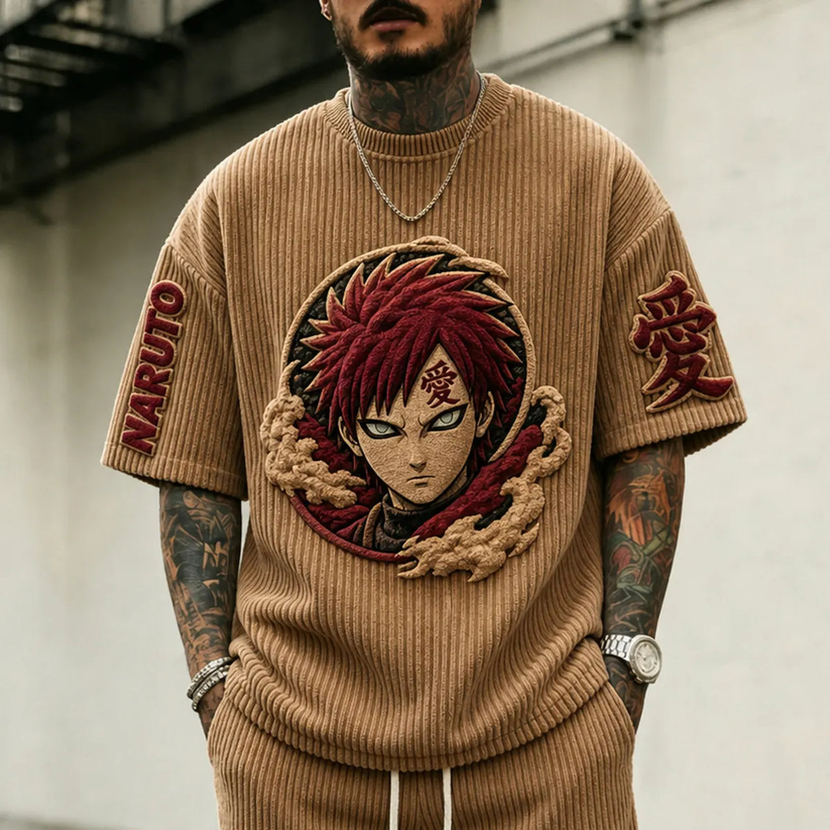 NINDO Unisex Anime-Style Retro Corduroy Oversized T-Shirt