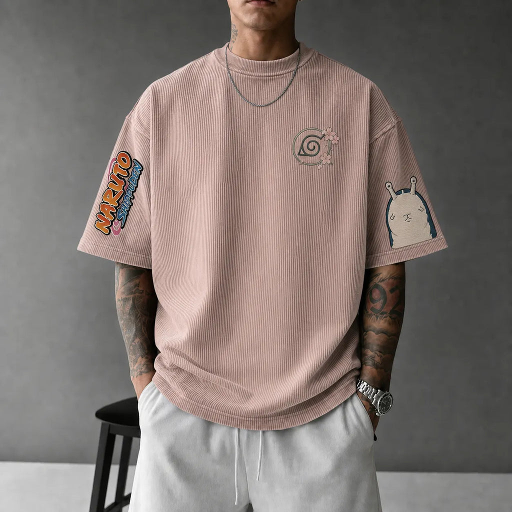 NINDO Unisex Anime-Style Retro Corduroy Oversized T-Shirt