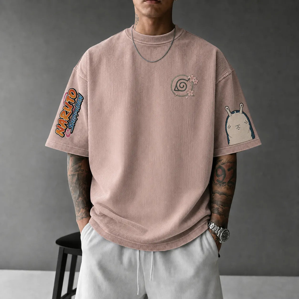 NINDO Unisex Anime-Style Retro Corduroy Oversized T-Shirt
