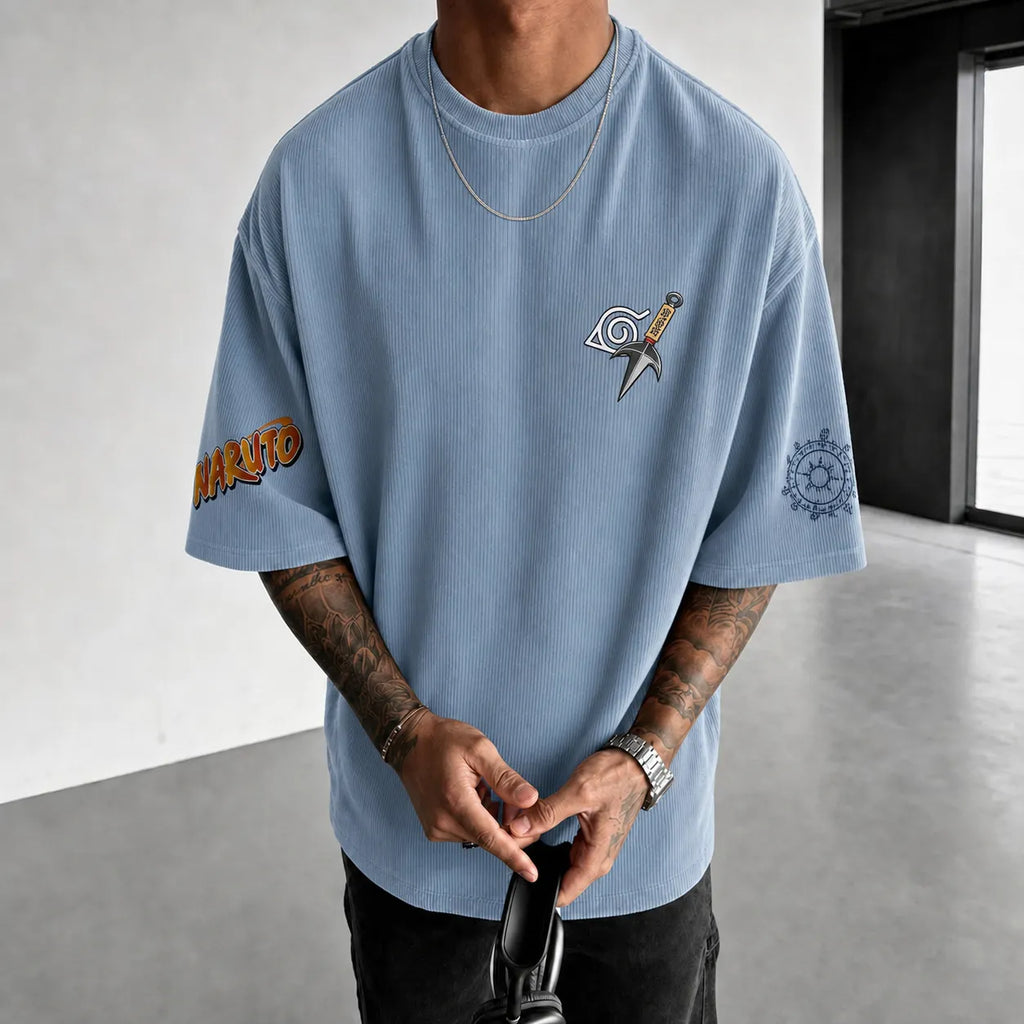 NINDO Unisex Anime-Style Retro Corduroy Oversized T-Shirt