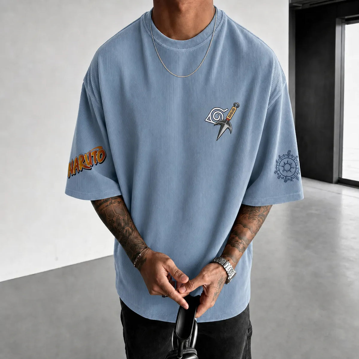 NINDO Unisex Anime-Style Retro Corduroy Oversized T-Shirt