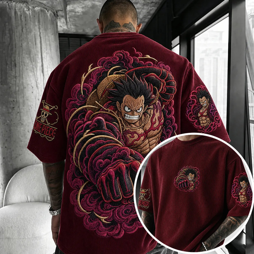 One Piece Unisex Anime-Style Retro Corduroy Oversized T-Shirt
