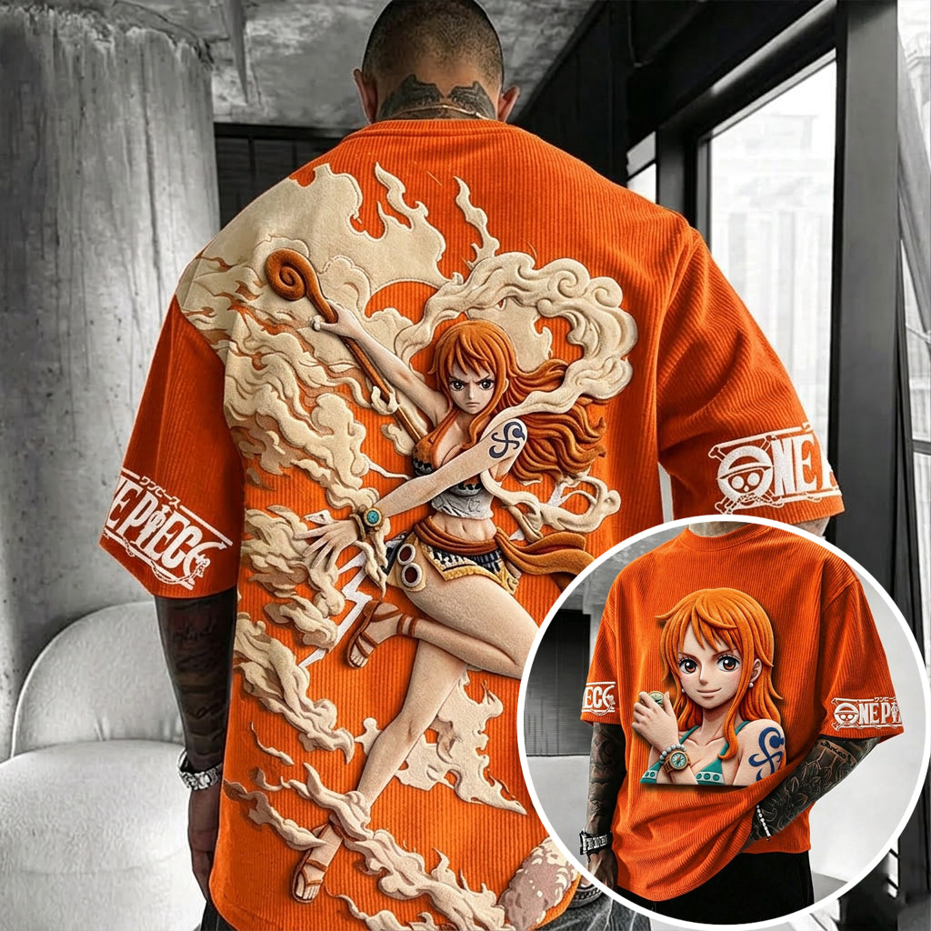 One Piece Unisex Anime-Style Retro Corduroy Oversized T-Shirt
