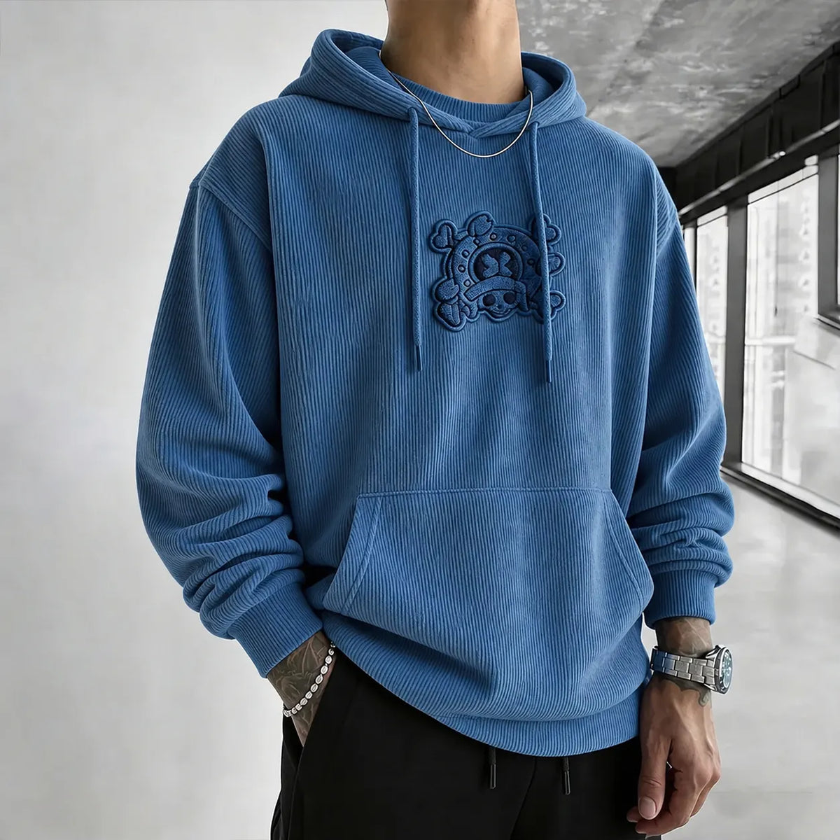 One Piece Unisex Retro Corduroy Hoodie With Anime-style Graphics