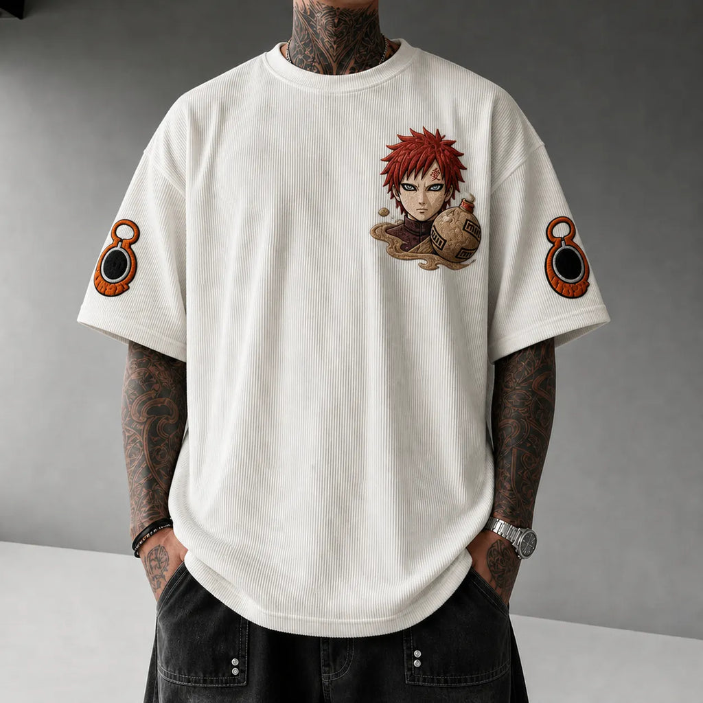 NINDO Unisex Oversized Anime-Print Vertical-Stripe Short-Sleeve T-Shirt