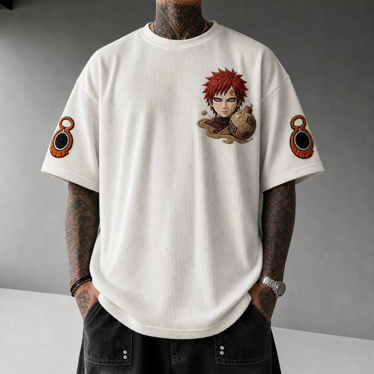 NINDO Unisex Oversized Anime-Print Vertical-Stripe Short-Sleeve T-Shirt